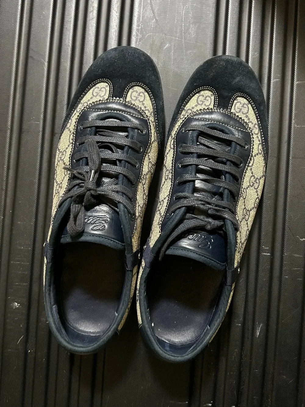 Gucci Beige Monogram & Navy Low-Top Sneakers